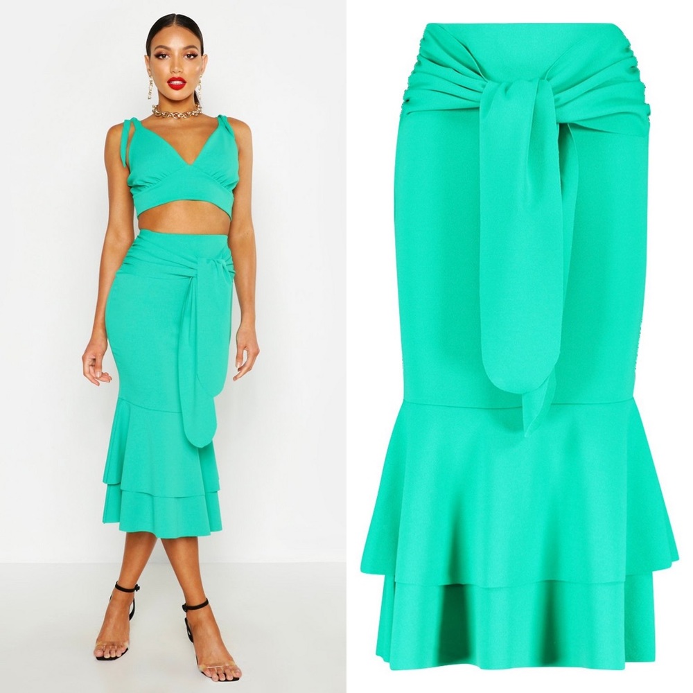 Tie Waist Ruffle Hem Midi Skirt